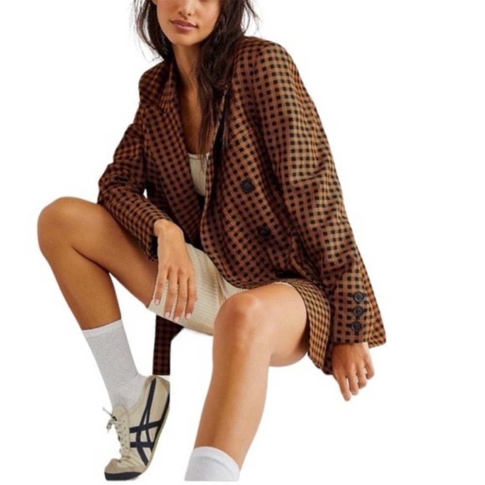 Free People Ashby vintage inspired Plaid Double-Breasted Blazer checkered Large